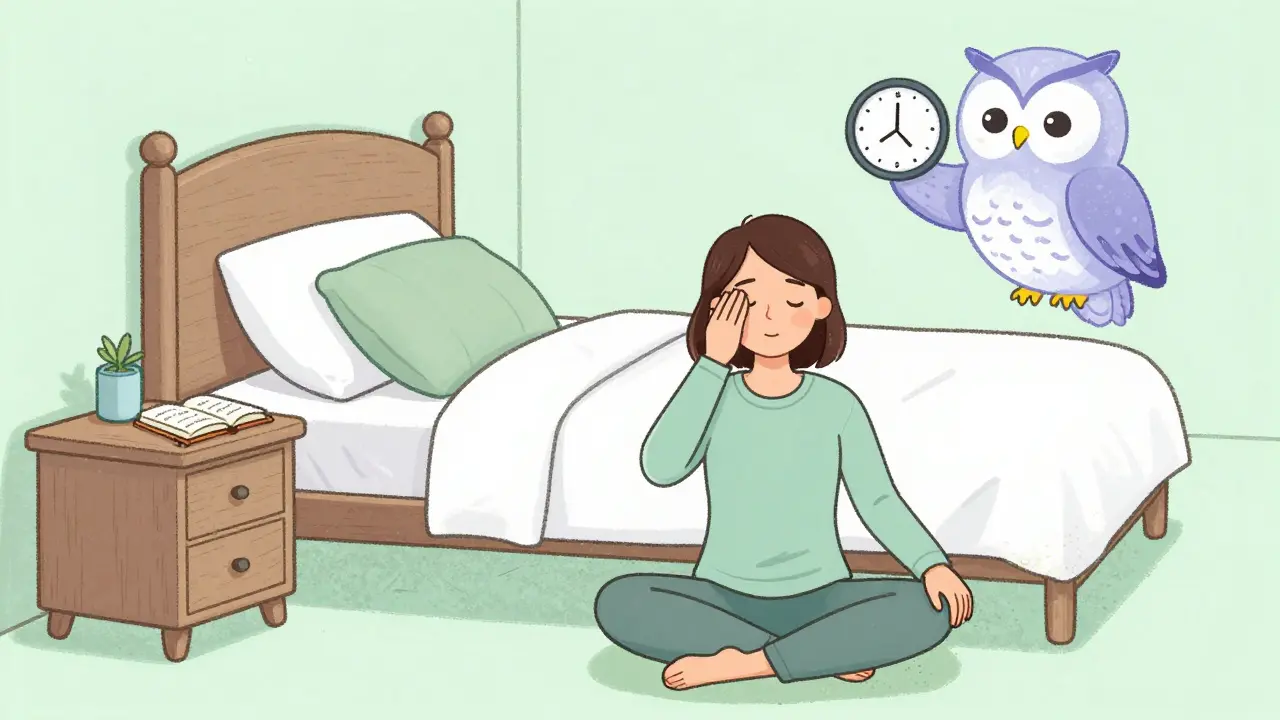 A person practicing breathing exercises in a sleep-friendly bedroom with a journal and calming owl guide.