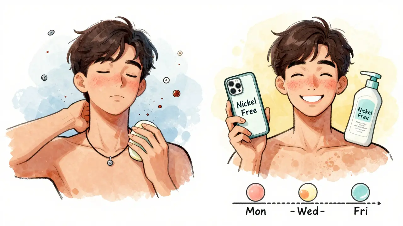 A person with clear skin beside their past self with rash, holding allergy-free products and a patch test timeline.