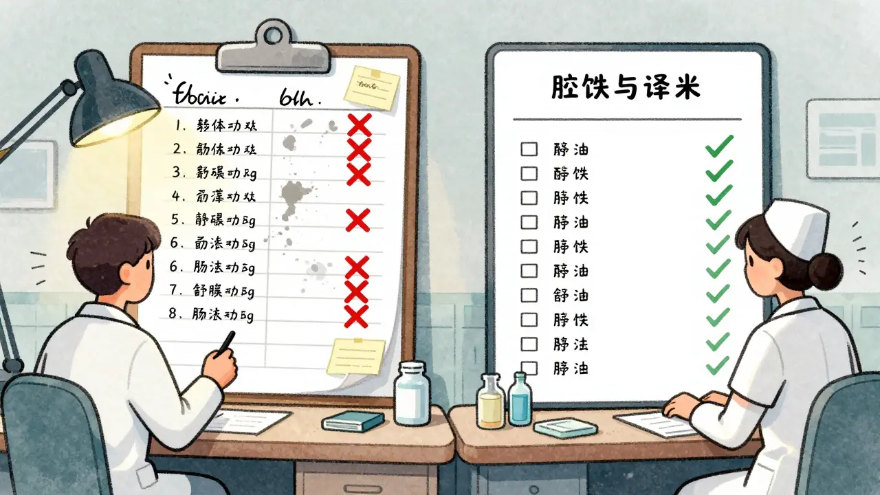A pharmacist and nurse compare messy and clean medication lists at a hospital desk with corrections marked.