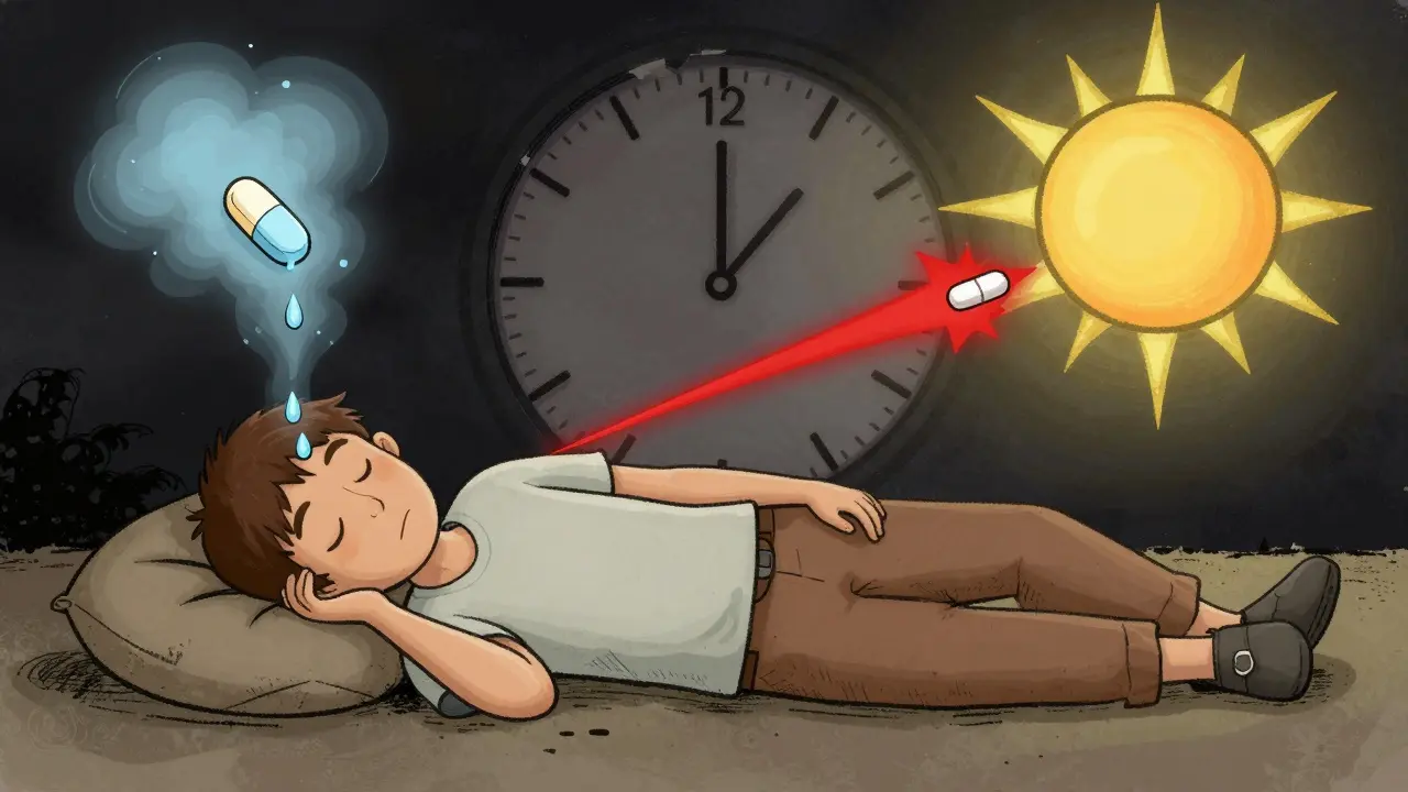 A split-body figure with one side affected by slow-release melatonin and the other by a quick signal flash.