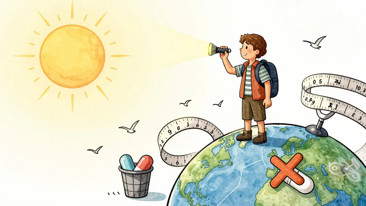 A traveler using light and a small pill to reset their body clock on a swirling globe.