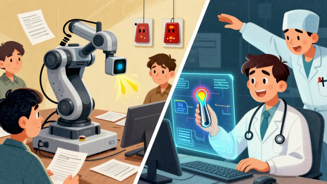 A worker struggles with a faulty AI robot on one side, while another spots a microscopic flaw in a medical implant with a surgeon's grateful hand above.