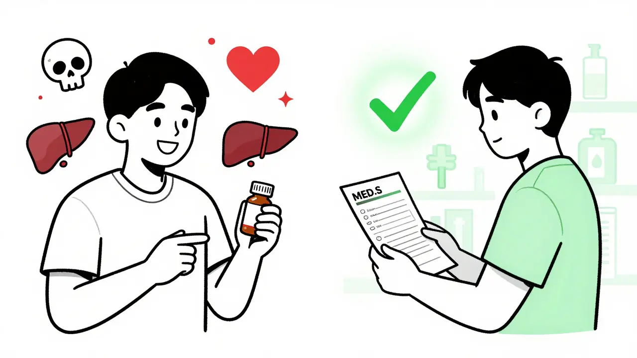 Before and after scene: chaotic medication use vs. safe review with pharmacist using a checklist.