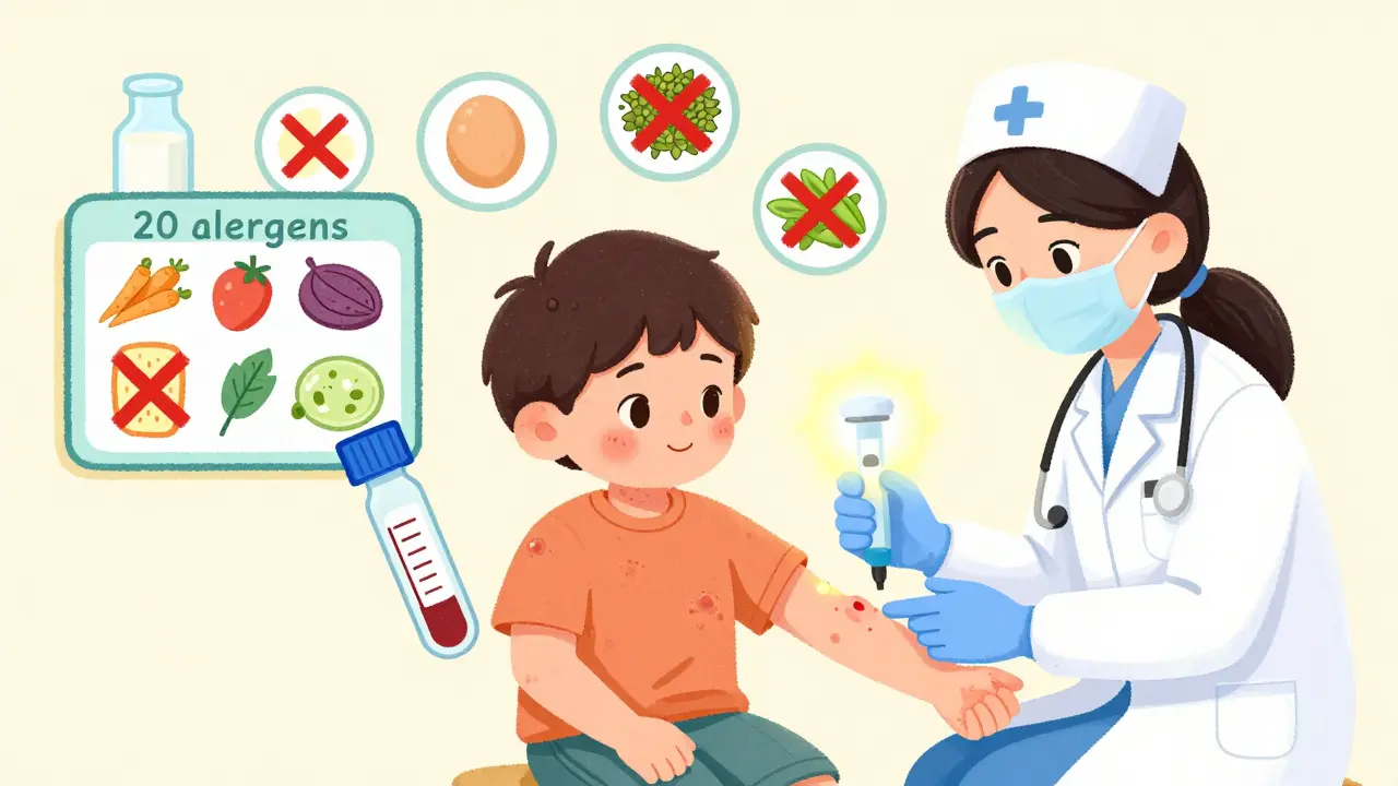 Child getting blood drawn while allergens float with Xs over a cluttered test panel, clean single-test vial glowing nearby.