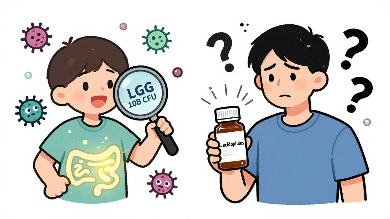 Child with healthy gut taking effective probiotic vs. adult confused by unlabeled supplement.