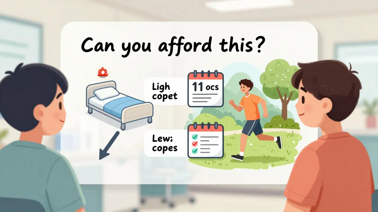 Doctor asking a patient if they can afford medication, with two visual paths showing health outcomes based on cost.