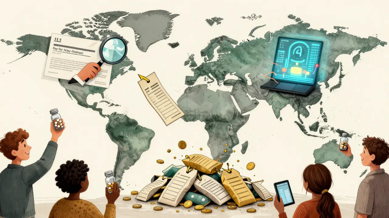 Global map shows U.S., EU, and China using tools to lower drug prices, with patients celebrating falling costs.