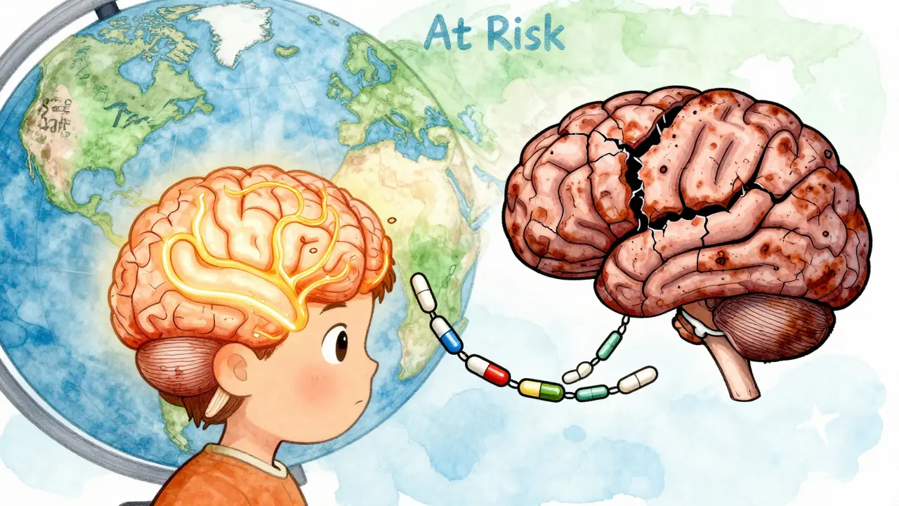 Healthy brain vs. damaged brain connected by dangerous pills, with global risk regions in background.
