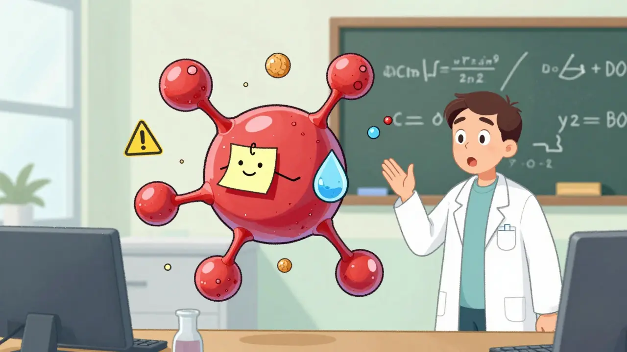 Human proteins with unexpected sticky inactive ingredients like dye and gluten, while a scientist reacts in surprise.
