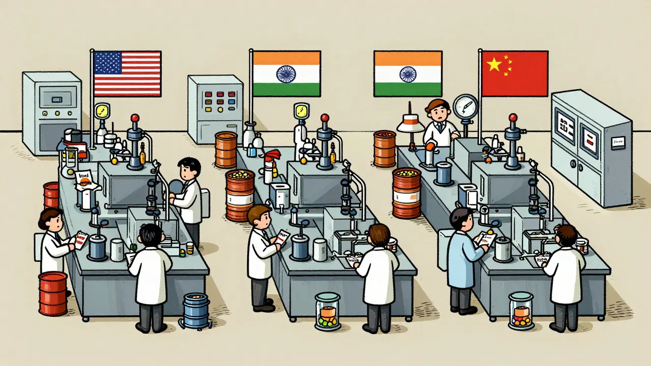 Identical pill production lines across three countries, with FDA inspectors checking equipment and stability chambers.