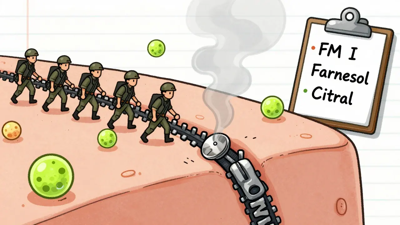 Magnified skin showing T-cells reacting to nickel and fragrance molecules in a whimsical scientific illustration.