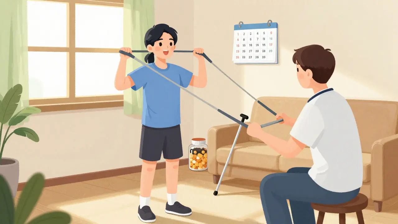 Patient doing gentle exercise with physical therapist in sunny home, recovering strength with support and care.