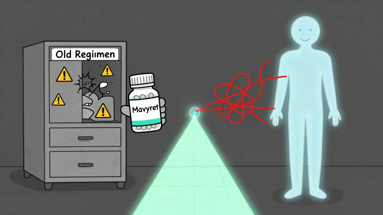 Patient holding a safe antiviral pill beside a chaotic old regimen, with a calm body path glowing in contrast.
