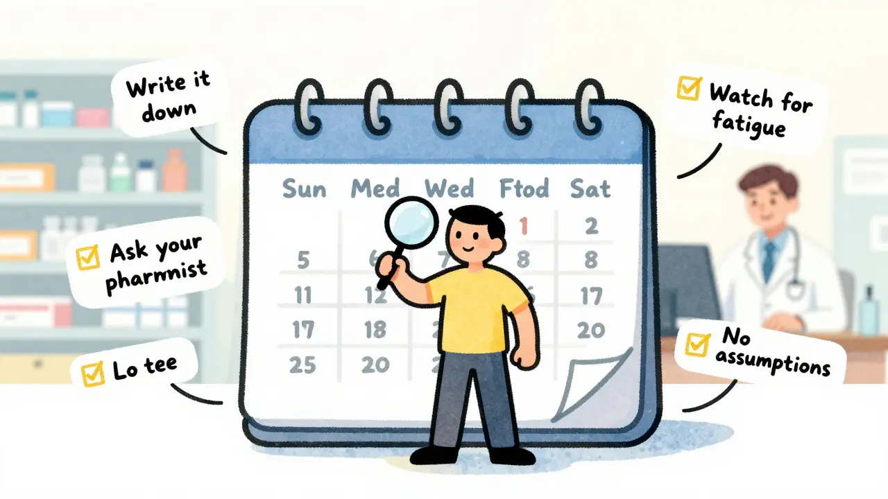 Person holding a magnifying glass over meds, surrounded by safety checklist items and a 3-month calendar reminder.