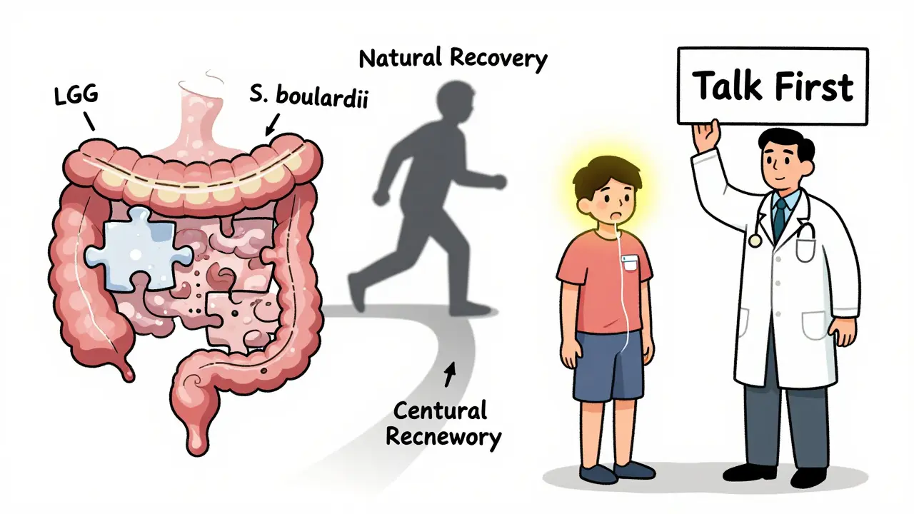 Person’s gut microbiome rebuilding after antibiotics, with certified probiotic pieces and doctor warning symbol.