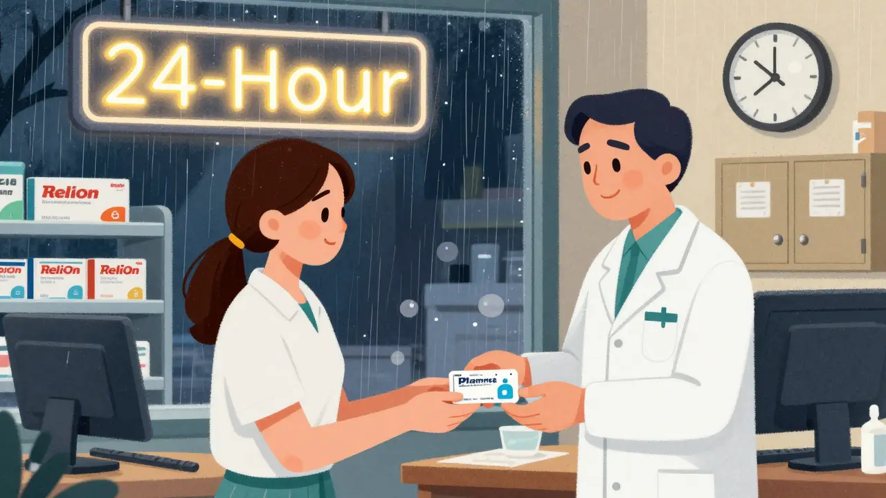 Pharmacist hands emergency contraception to a customer late at night in a 24-hour pharmacy.