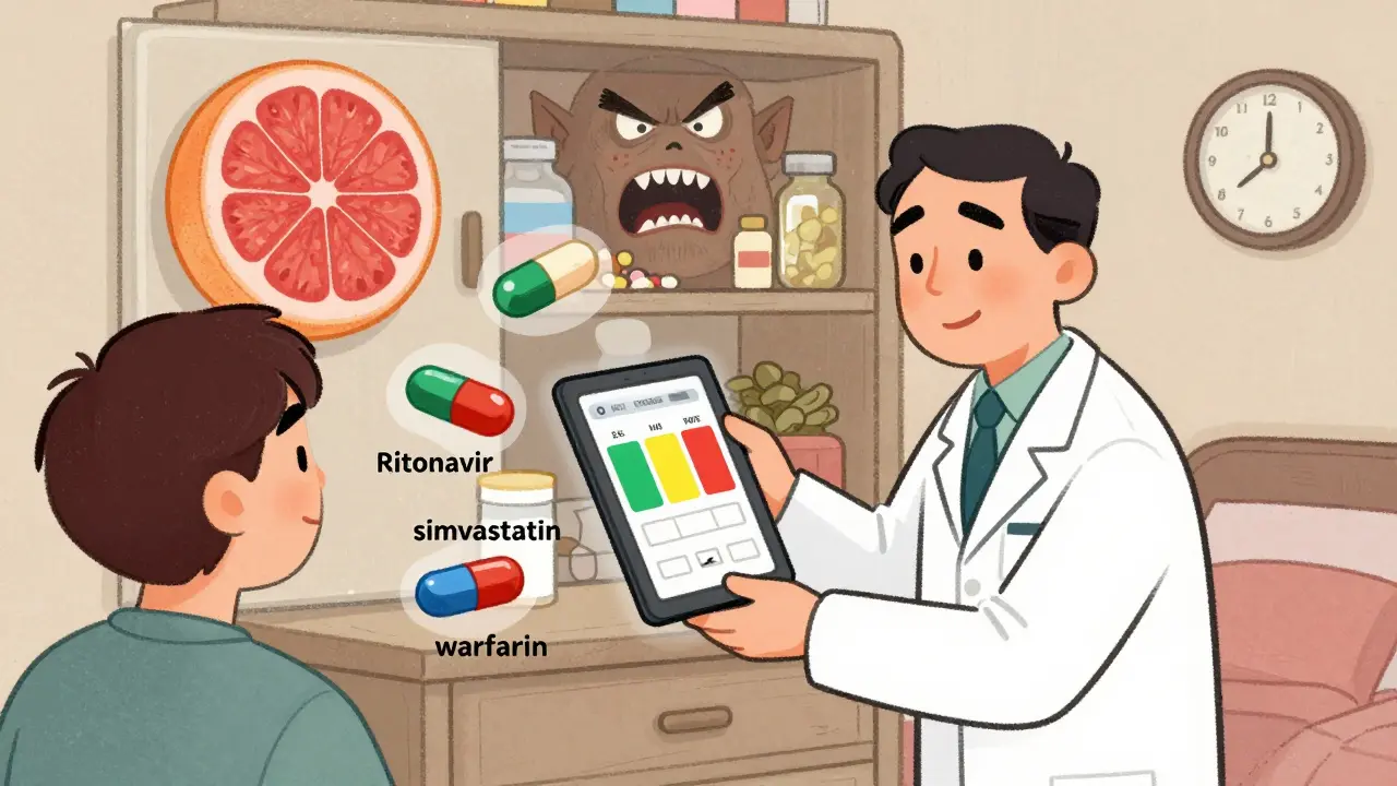 Pharmacist showing a color-coded drug interaction checker above a patient's medicine cabinet with warning pills and supplements.