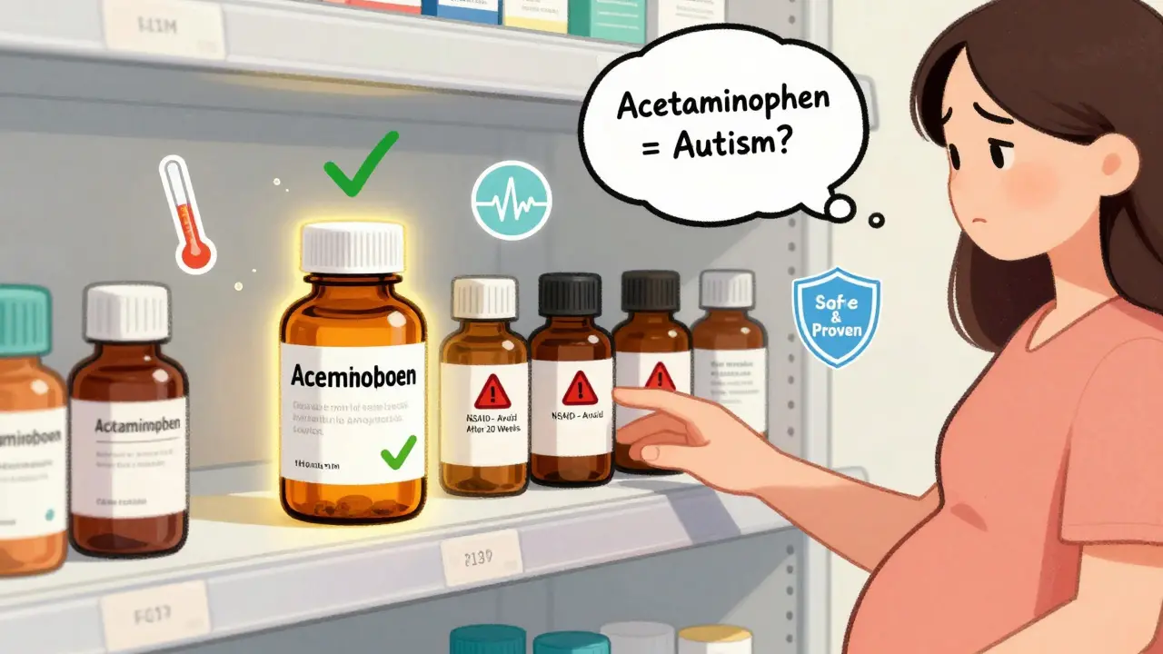 Pharmacy shelf with acetaminophen marked safe and NSAID bottles labeled with warnings during pregnancy.