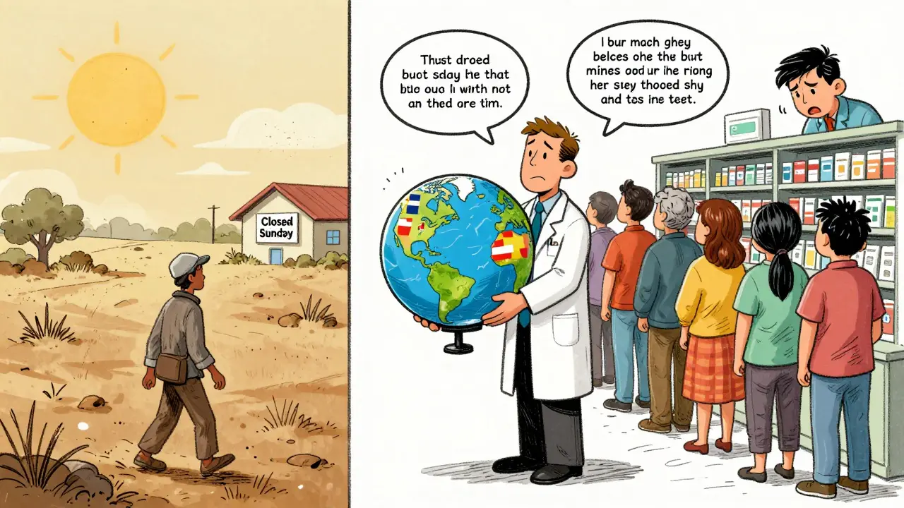 Rural resident walking to distant pharmacy while urban pharmacy has long line with state rule icons.