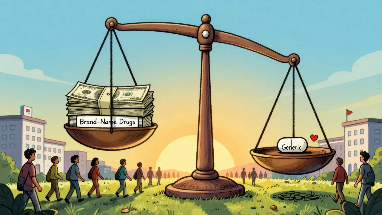 Scales tipping with expensive brand drugs vs. a single generic pill and a heart, symbolizing life over cost.