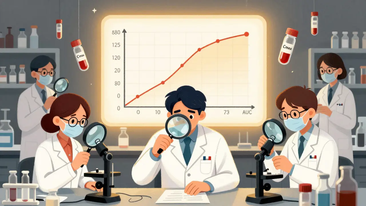 Scientists analyzing blood samples and bioequivalence graphs in a lab, with glowing Cmax and AUC labels.