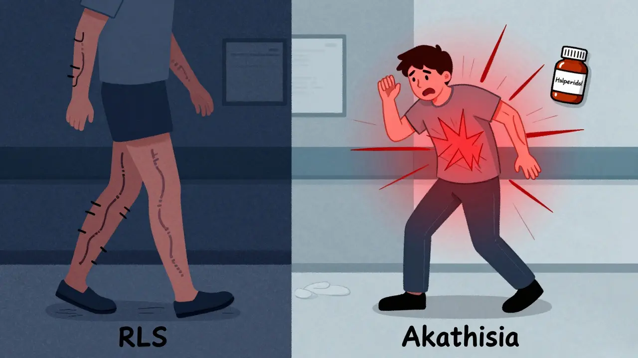 Side-by-side comparison: restless legs at night versus full-body akathisia during the day, with medication as the cause.