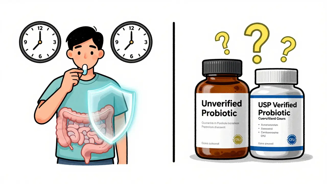 Side-by-side illustration of properly timed probiotic and antibiotic use versus unverified supplement with question marks.
