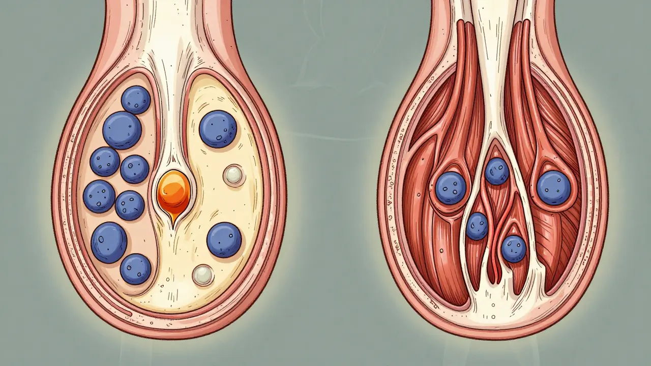 Side-by-side illustrations of inflamed muscle tissue showing different immune cell patterns for polymyositis and dermatomyositis.