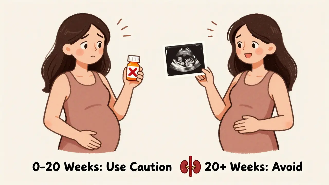 Split illustration comparing safe acetaminophen use to risky NSAID use during pregnancy timeline.