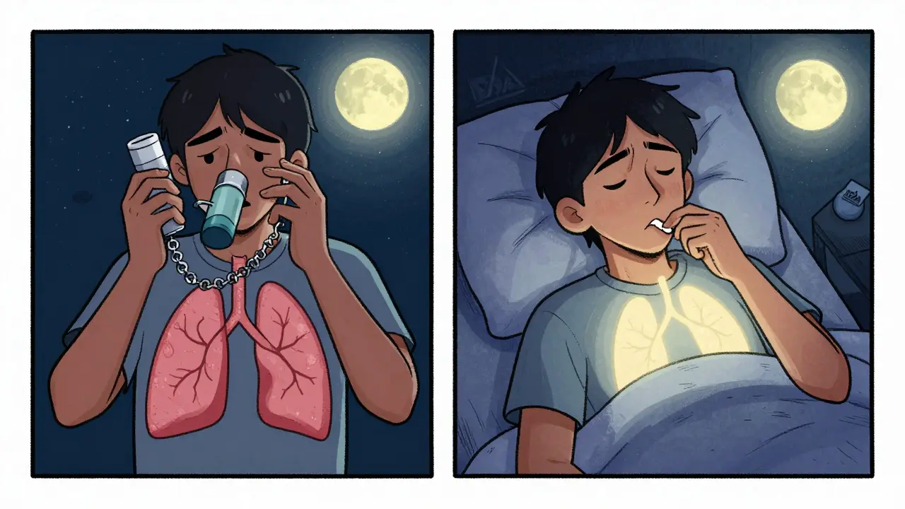 Split-panel cartoon: tangled inhaler vs. simple pill at bedtime, showing improved breathing.