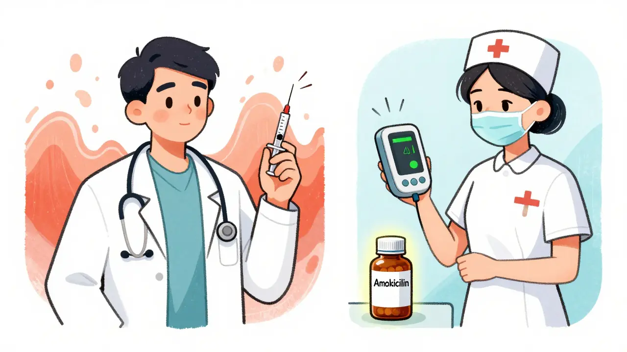Split scene: doctor giving risky antibiotic vs. nurse checking bilirubin with safer option glowing nearby.