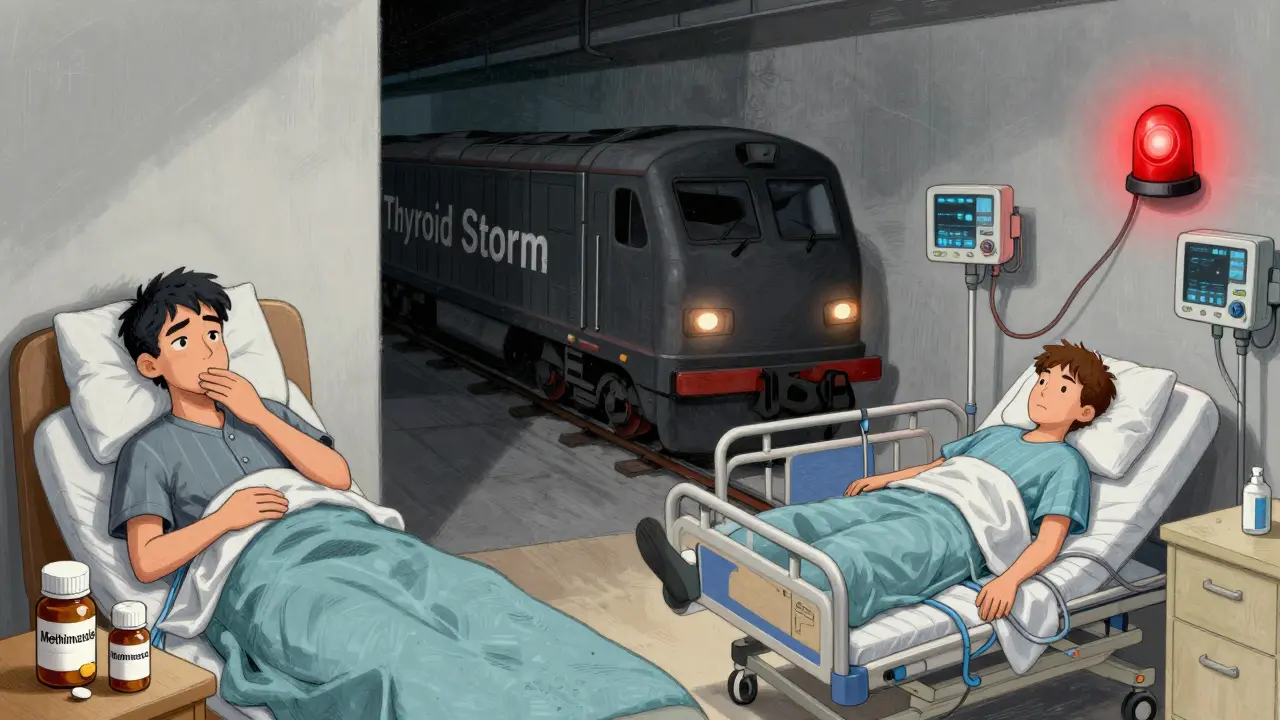 Split scene: ignoring medication at home vs. collapsing in ICU with a freight train labeled 'Thyroid Storm' breaking through.
