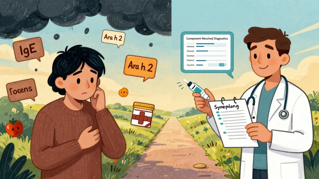 Split scene: person overwhelmed by allergens vs. same person calmly reviewing results with allergist under hopeful light.