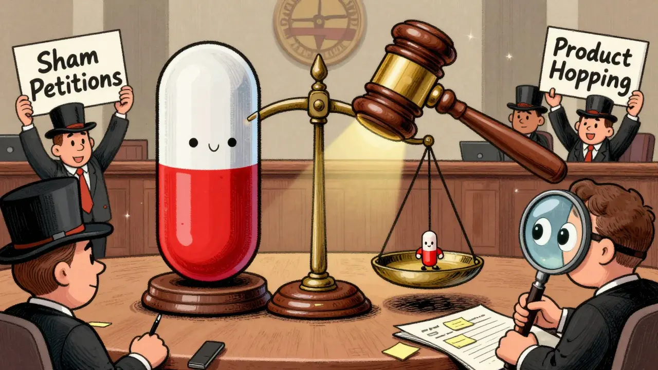 Tiny generic capsule wins in court against a giant brand-name pill, with regulators and fake petitions in background.