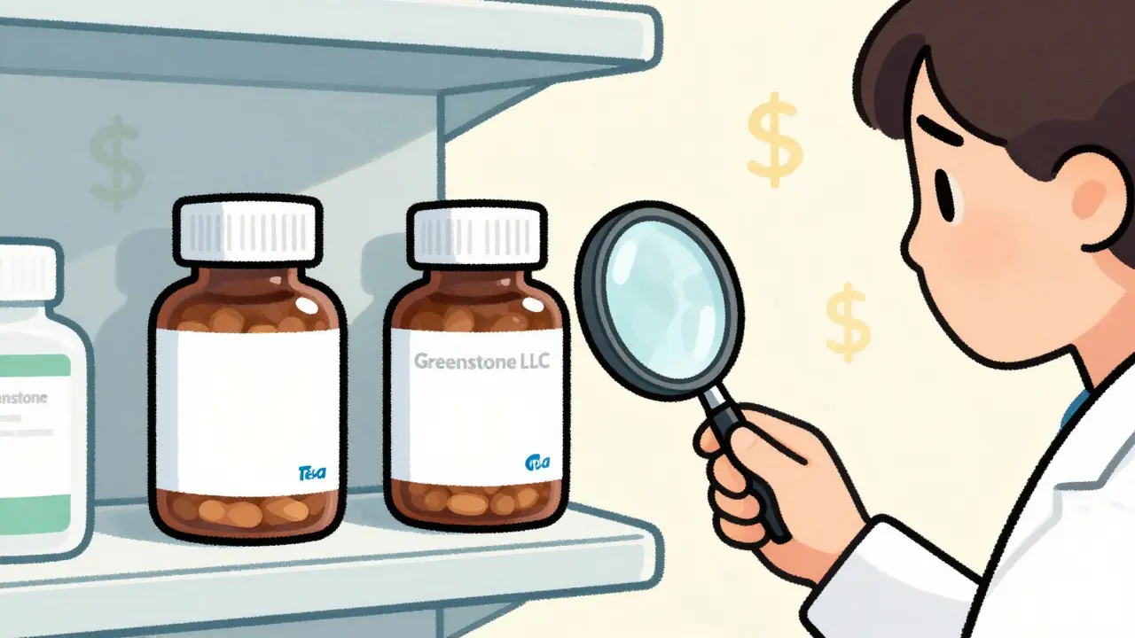 Two seemingly identical generic pills on a pharmacy shelf, one subtly branded by the original drug company.