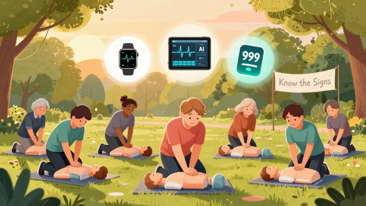 A diverse group learning CPR in a park, with smartwatch and AI EKG icons floating nearby under a sunset.