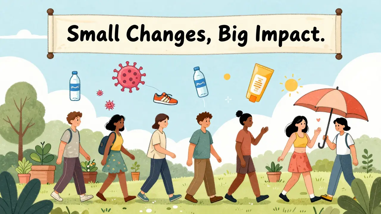 A group of people practicing healthy habits under a sun umbrella, with cancer cells shrinking as healthy habits rise like balloons.