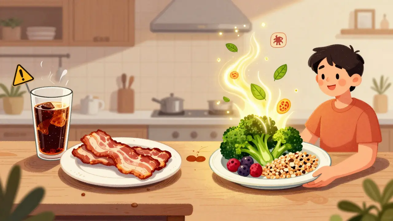 A kitchen scene contrasting unhealthy and healthy food choices, with glowing nutrients and fading cancer symbols.