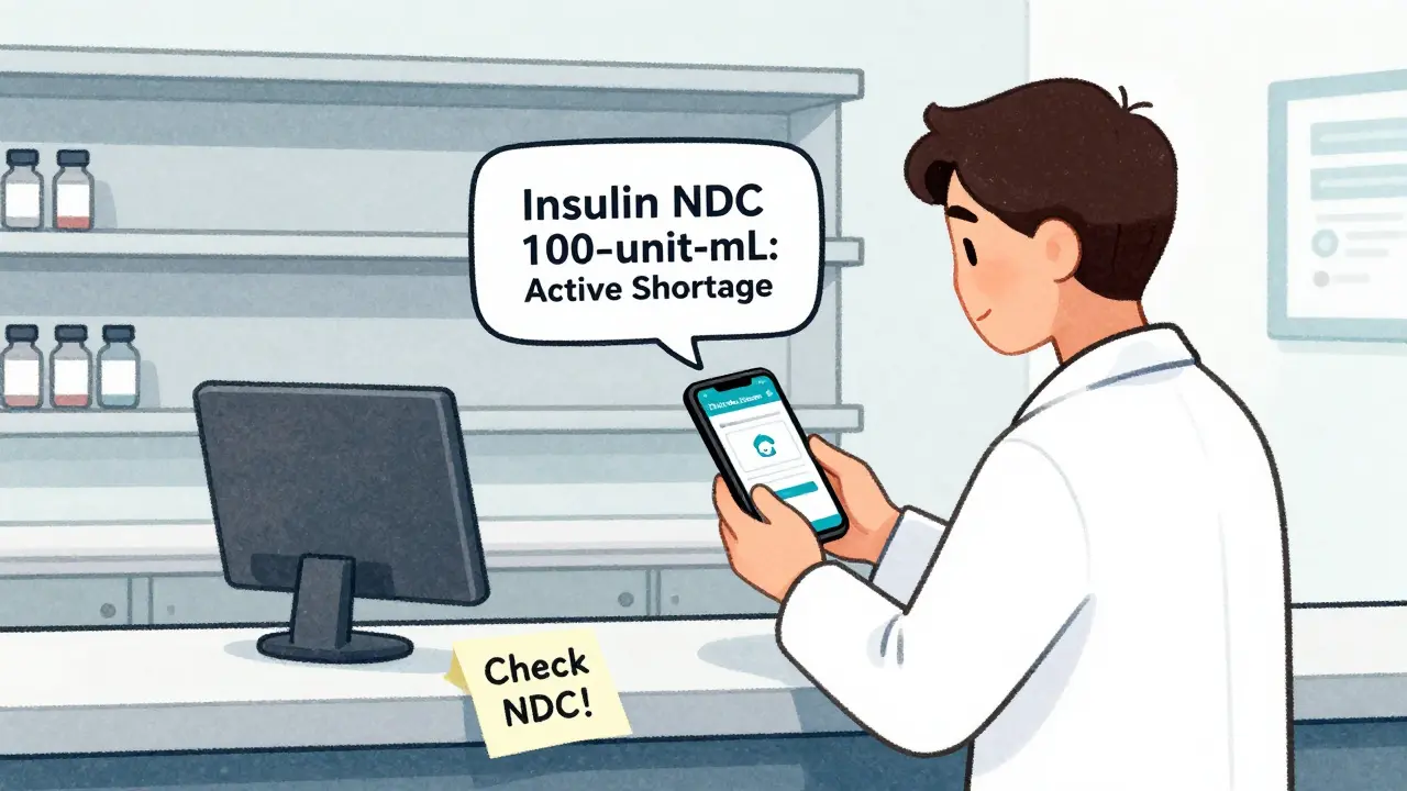 A pharmacist checks the FDA Drug Shortages app on a phone, with a notification alert and partially empty pharmacy shelves.