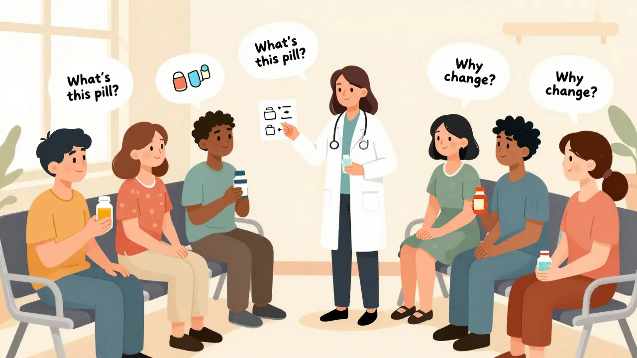 A specialist uses visual aids to explain medication changes to a diverse group of patients.