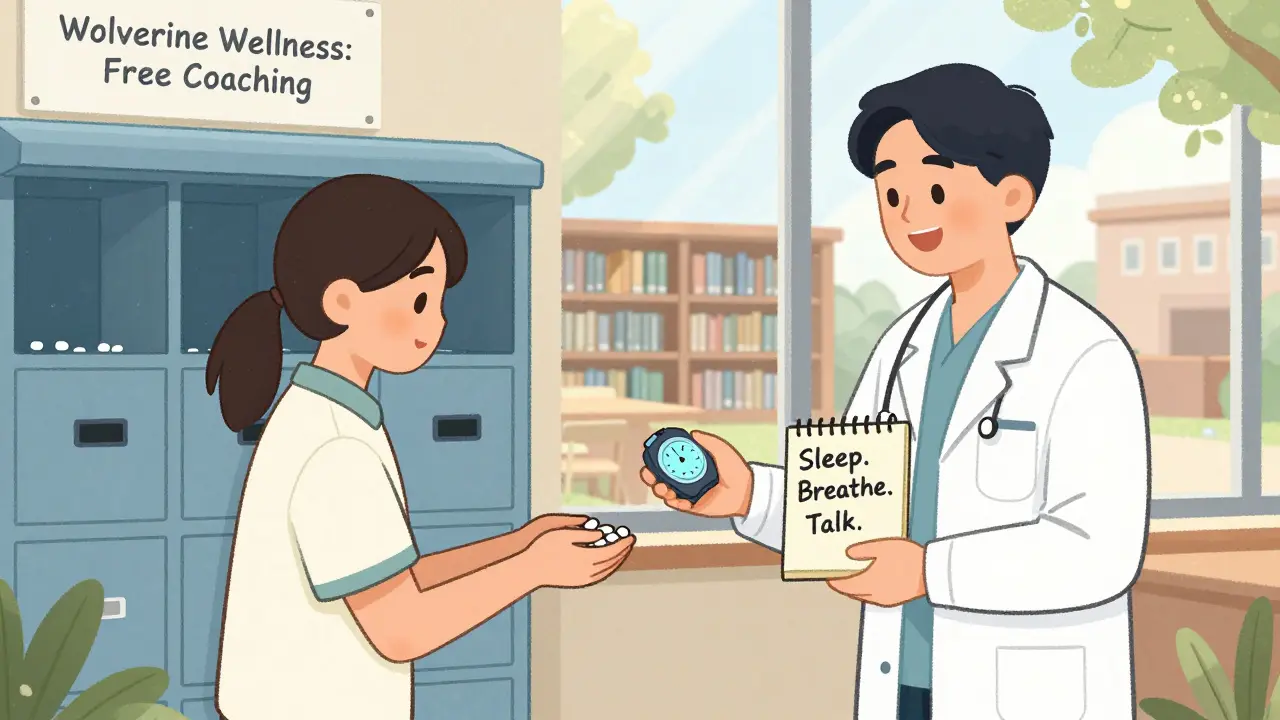 A student disposing of medication at a campus kiosk while receiving a timer and note about sleep and self-care.