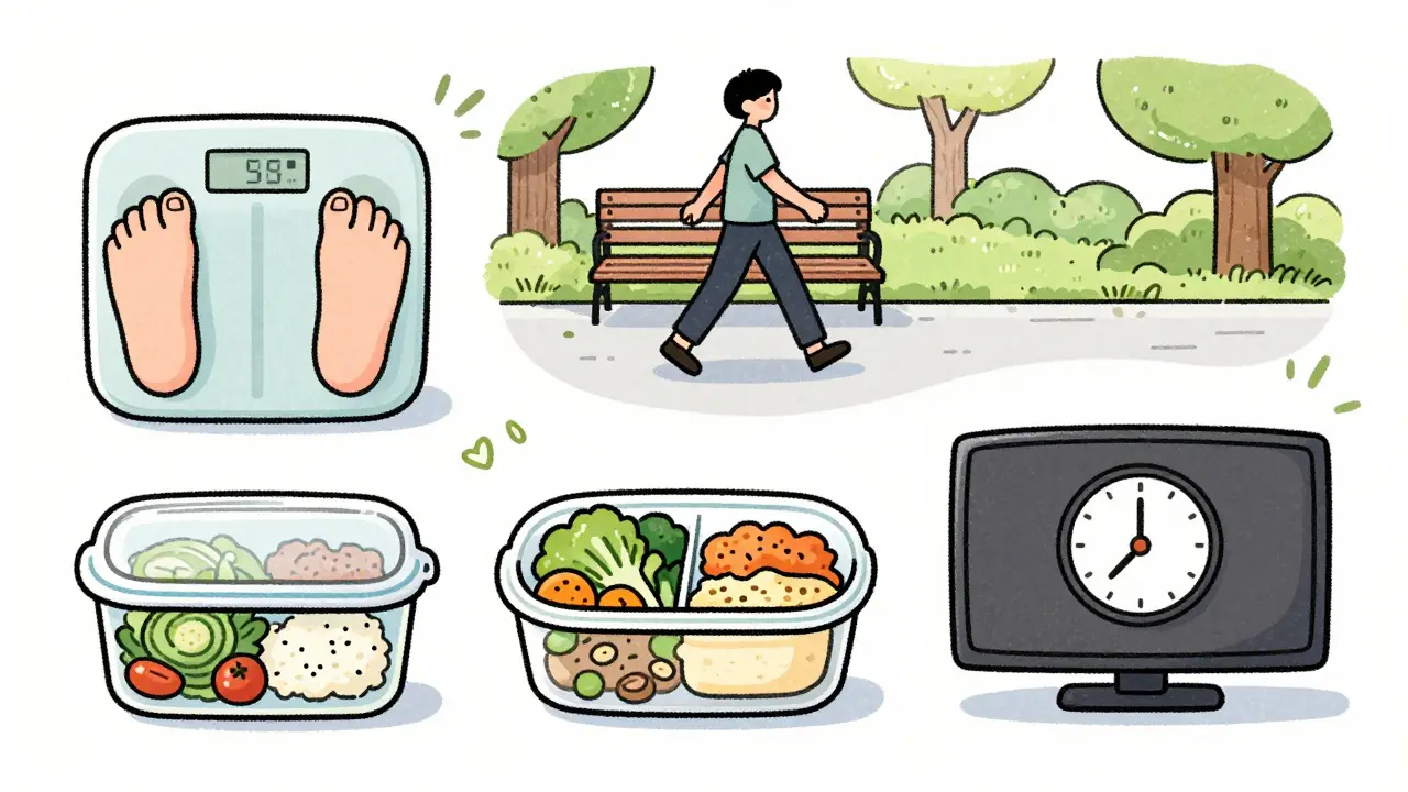 A weekly routine collage showing weighing, walking, meal prep, and limited TV time.