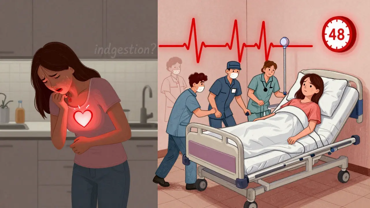 A woman experiencing heart attack symptoms mistaken for indigestion, then later receiving emergency care in a hospital.