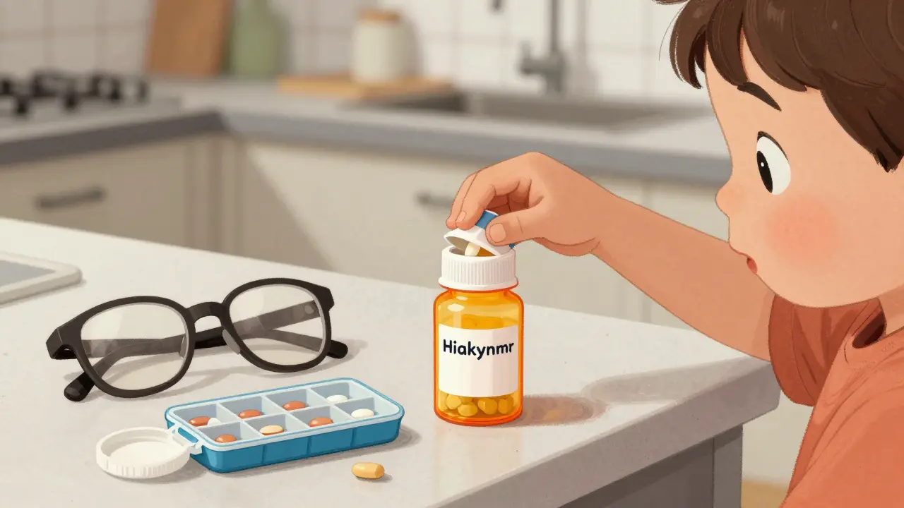 Child opening pill bottle on counter, unsecured pill sorter nearby, highlighting pediatric medication risk.