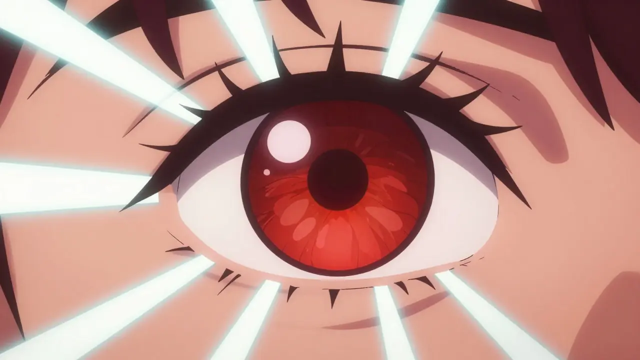 Close-up red eye with light rays causing discomfort.