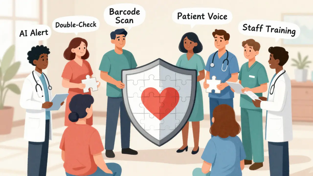 Diverse team holding puzzle pieces that form a shield around a heart, symbolizing collaborative medication safety.
