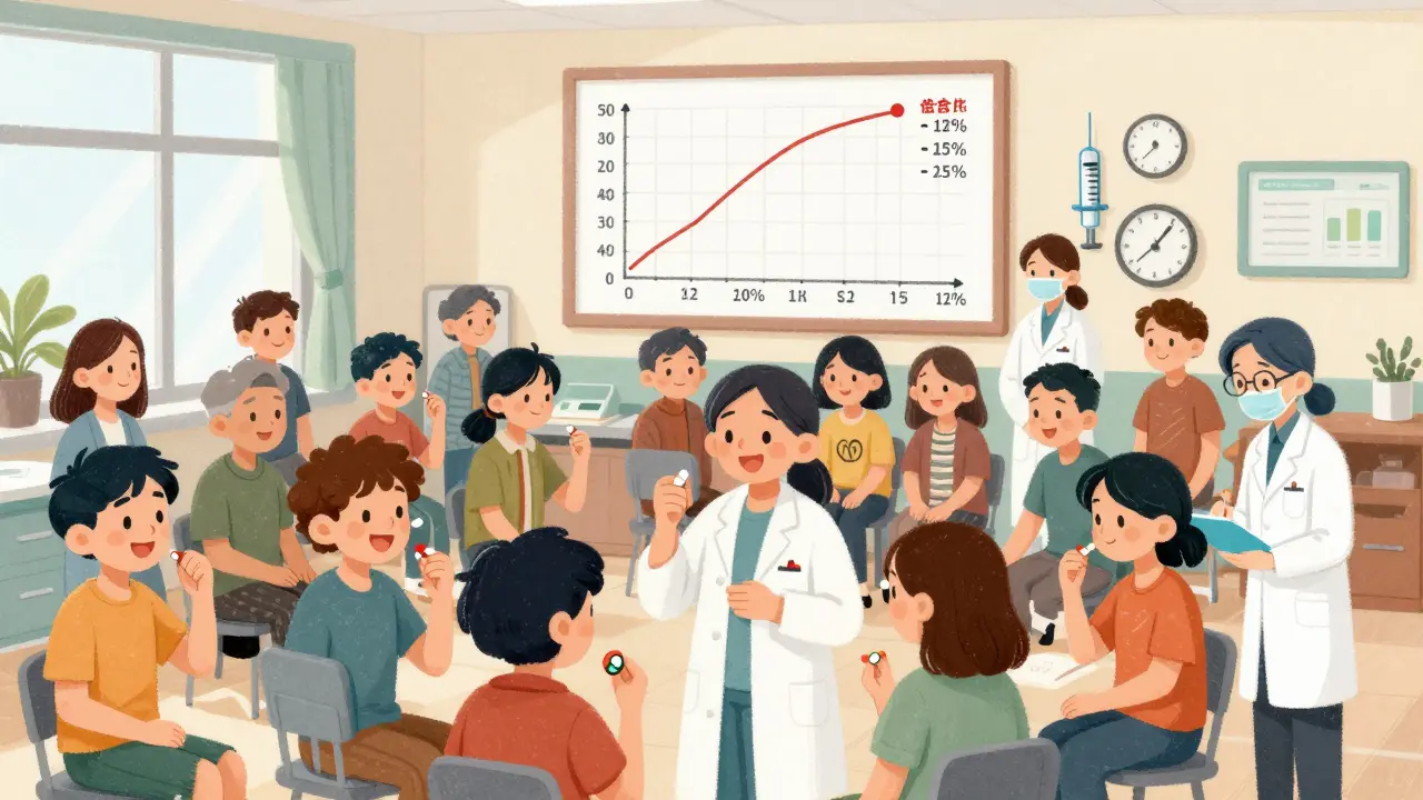 Healthy volunteers in a clinic taking pills while nurses collect blood samples for testing.
