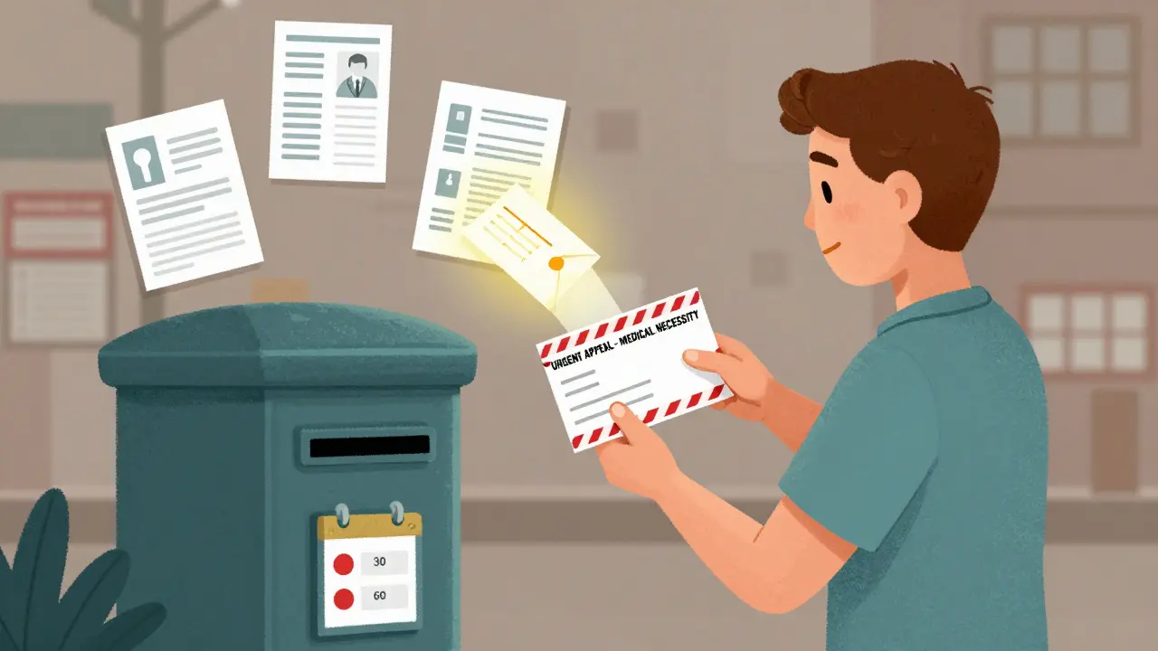 Patient mailing urgent appeal with doctor's letter glowing above, clinical documents floating nearby.