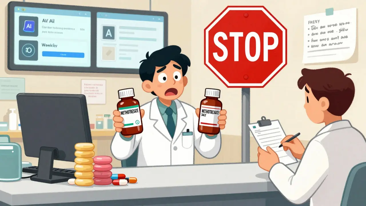 Pharmacist confronted with two similar methotrexate bottles, one labeled daily and one weekly, with a red stop sign above.