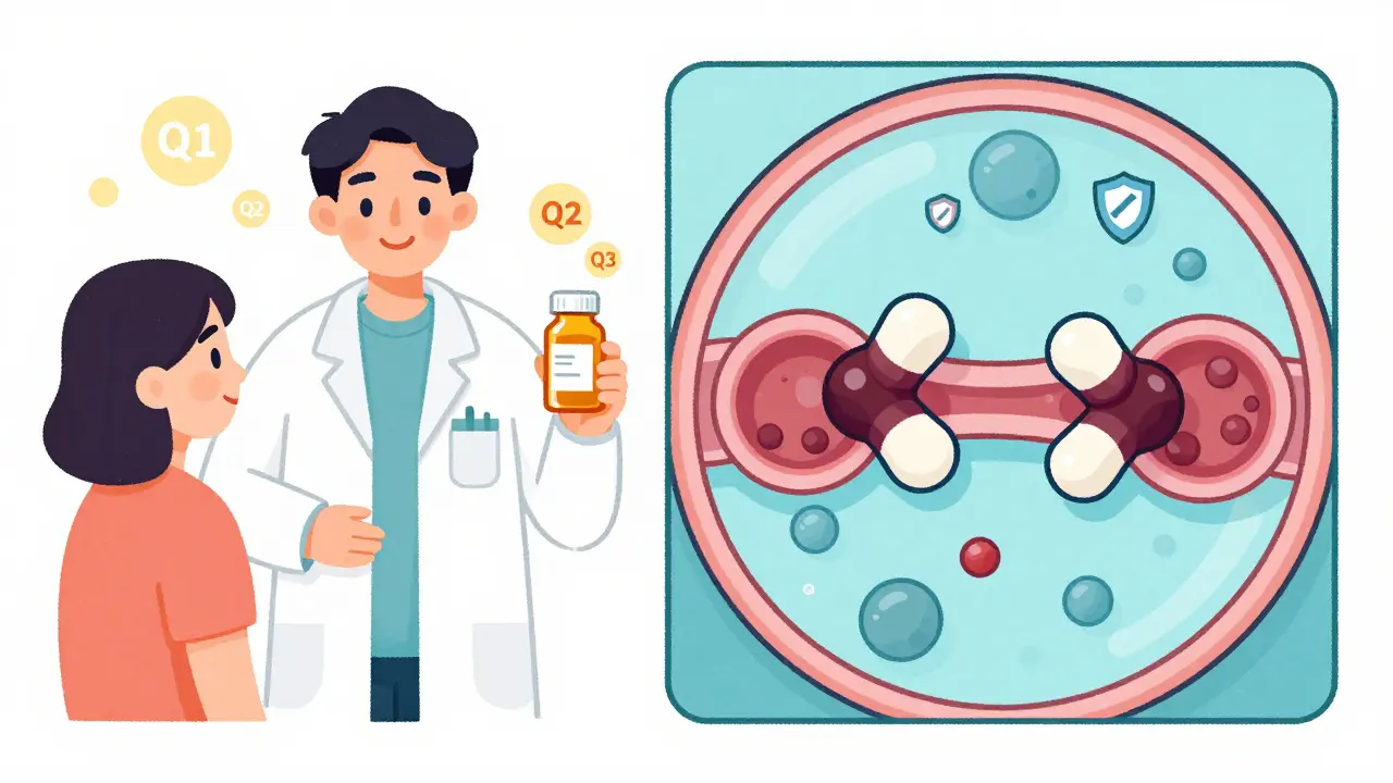 Pharmacist giving generic pill to patient with microscopic view of identical drug dissolution.